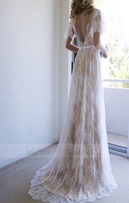 Lace Wedding Dresses,Long Wedding Dress with Open Back