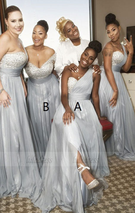 A-Line One Shoulder Grey Chiffon Bridesmaid Dress with Sequins Split