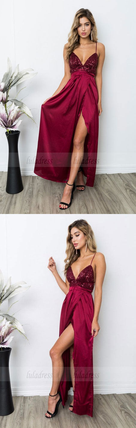 Sequined Prom Dress,Prom Dress with Slit,Backless Prom Dress