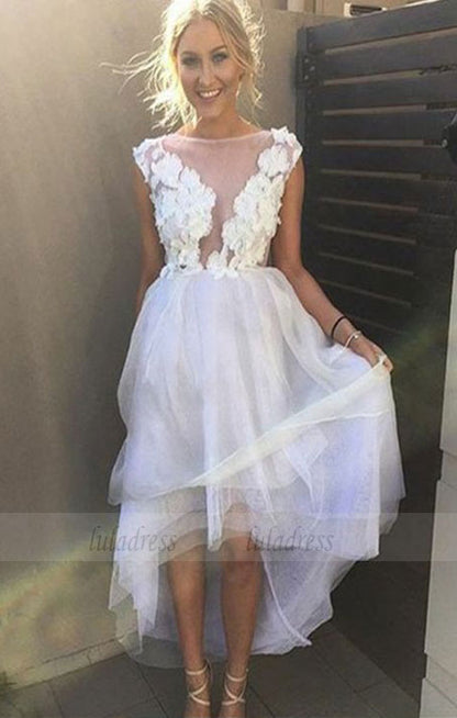 simple white high low prom dresses, fashion a line party dresses with appliques, elegant tulle formal dresses