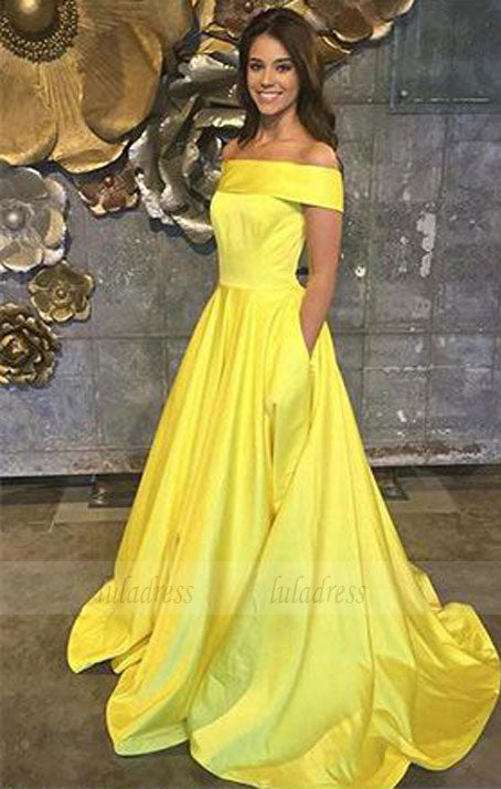 Yellow Prom Dresses,Off The Shoulder Prom Dresses,A Line Prom Dress,Long Evening Gown With Pockets,Satin Prom Dresses