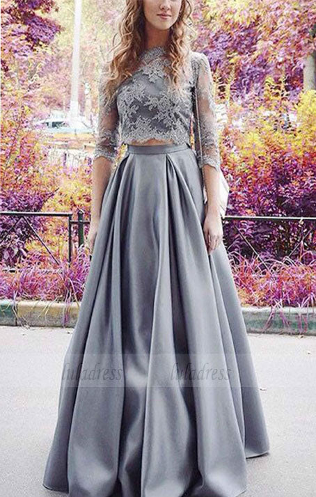 A-line 2 Pieces Sexy Long Sleeves Lace Prom Dresses