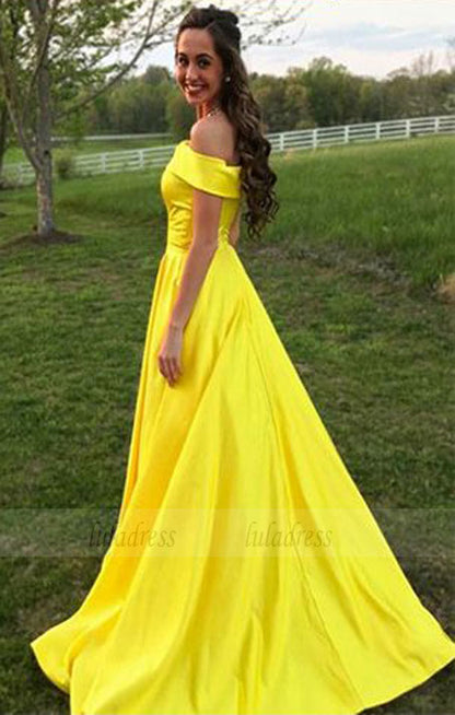 Yellow Prom Dresses,Off The Shoulder Prom Dresses,A Line Prom Dress,Long Evening Gown With Pockets,Satin Prom Dresses