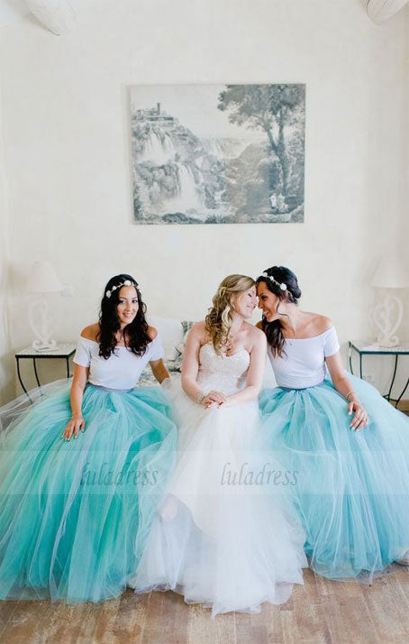 Two Piece Bridesmaid Dresses, Turquoise Tulle Bridesmaid Dresses, Elegant Bridesmaid Dresses,BD98129