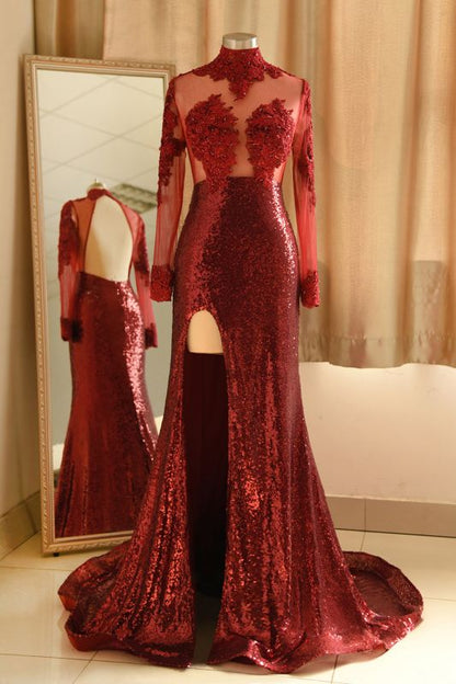 Sexy High-Neck Burgundy Sequined Slit Prom Dress | Long Sleeves Appliques Backless Formal Dress