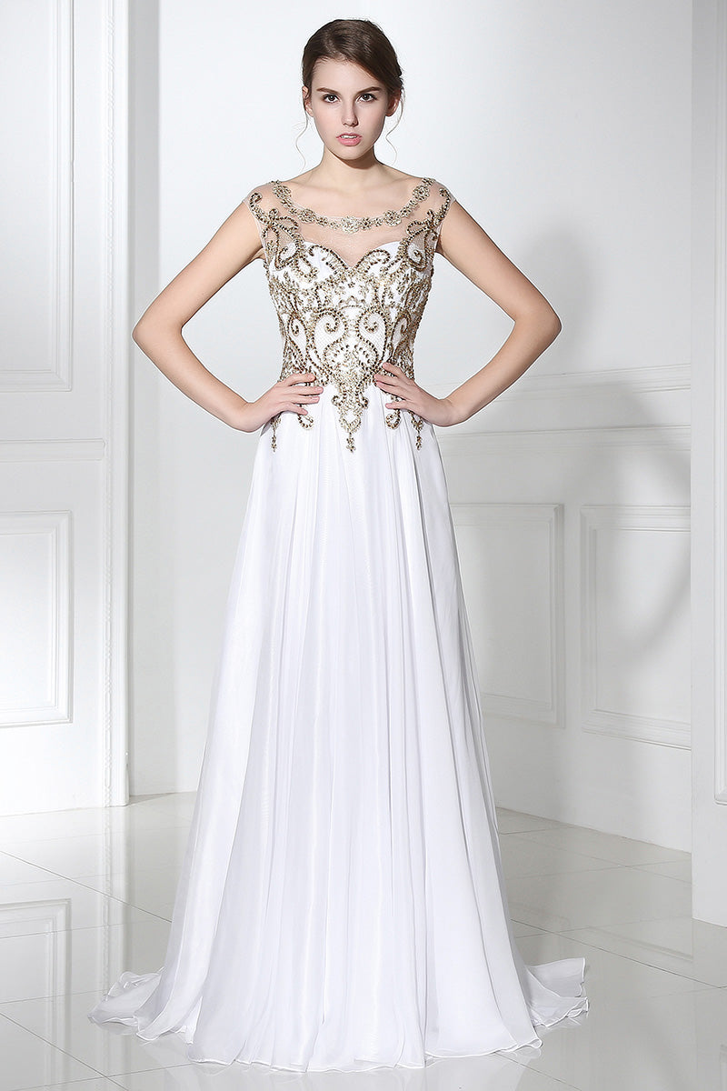 Chic White Chiffon Beaded Long Prom Dress