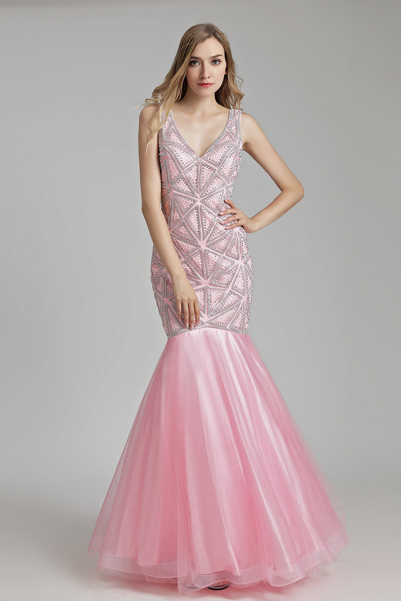 Luxury Long Mermaid V-neck Beaded Prom Dress