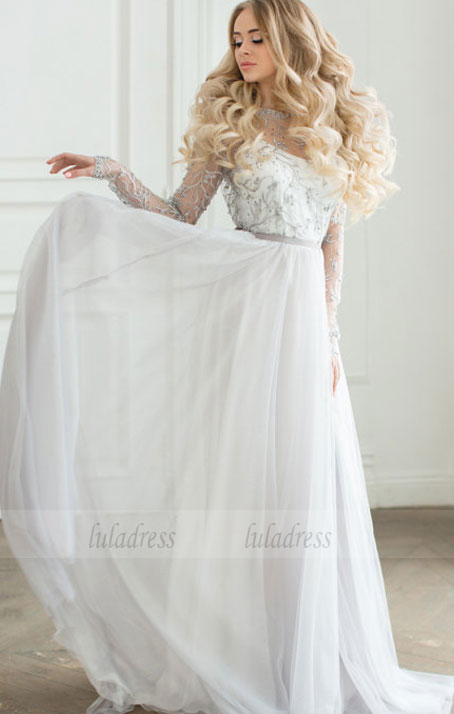 Long Wedding Dress, Chiffon Wedding Dress, Applique Wedding Dress