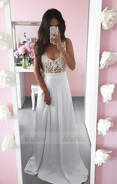 simple white deep v neck long prom dresses, modest a line party dresses with lace