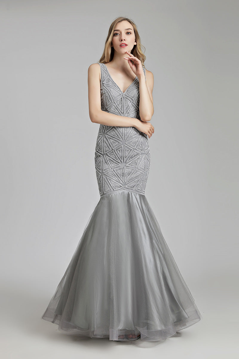 Luxury Long Mermaid V-neck Beaded Prom Dress