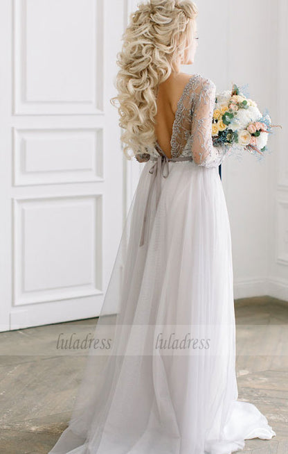 Long Wedding Dress, Chiffon Wedding Dress, Applique Wedding Dress