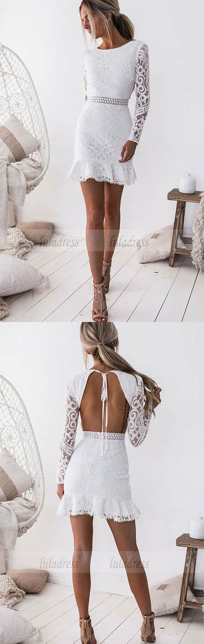 Long Sleeves Short White Lace Homecoming Cocktail Dress