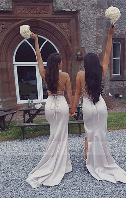 Sexy Deep V-neck Long Satin Mermaid Split Bridesmaid Dresses