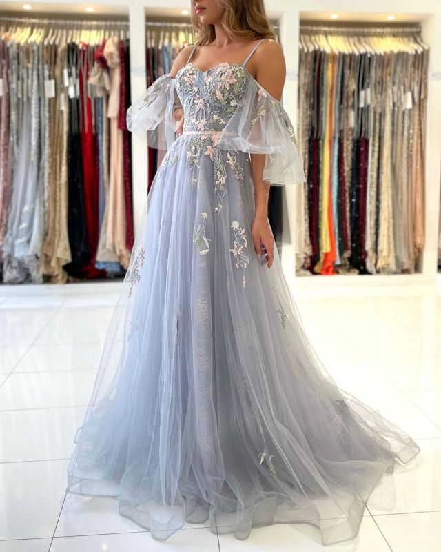 Vintage Long Tulle Evening Prom Dress Online With Appliques