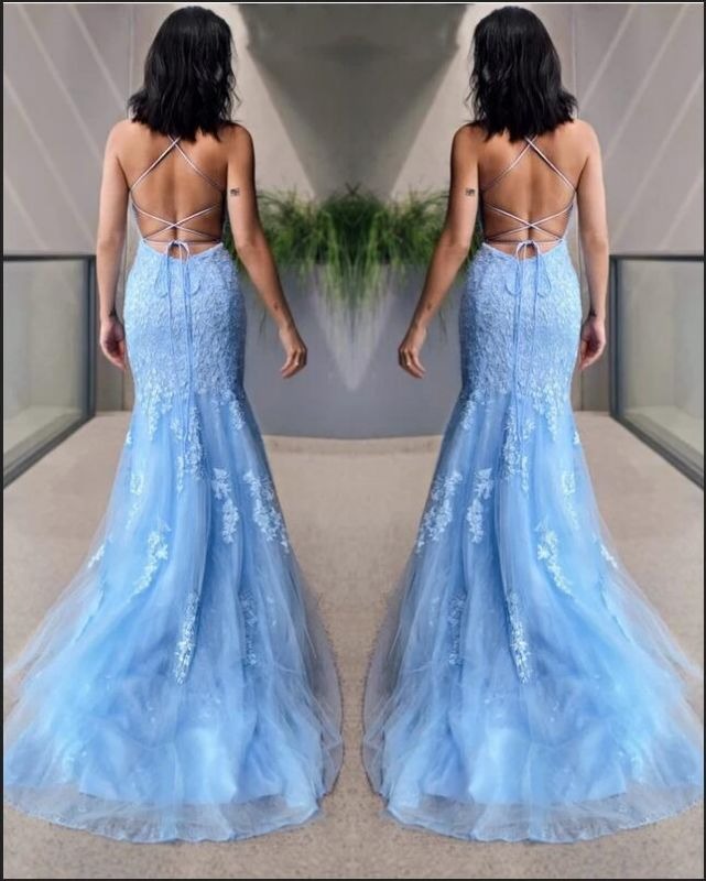 Long Sky Blue Lace Appliques Tulle Mermaid Prom Dress