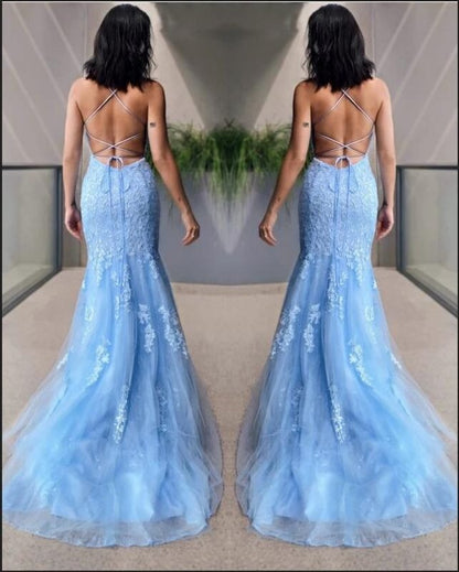 Long Sky Blue Lace Appliques Tulle Mermaid Prom Dress