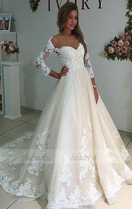 Sheer Neck Long Sleeves Ivory Wedding Dress with Lace