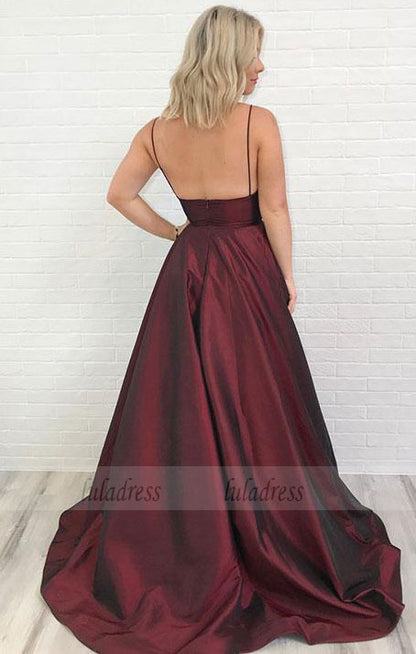 Charming Burgundy V-Neck Long Prom Dress with Pockets,Backless Evening Dress