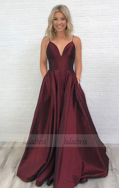 Charming Burgundy V-Neck Long Prom Dress with Pockets,Backless Evening Dress