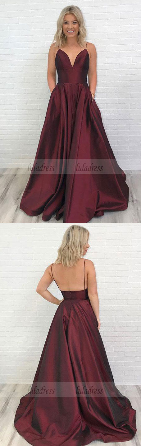 Charming Burgundy V-Neck Long Prom Dress with Pockets,Backless Evening Dress