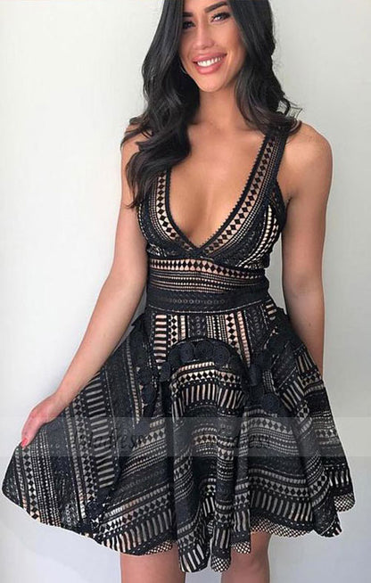 A-Line V-Neck Above-Knee Black Lace Homecoming Dress