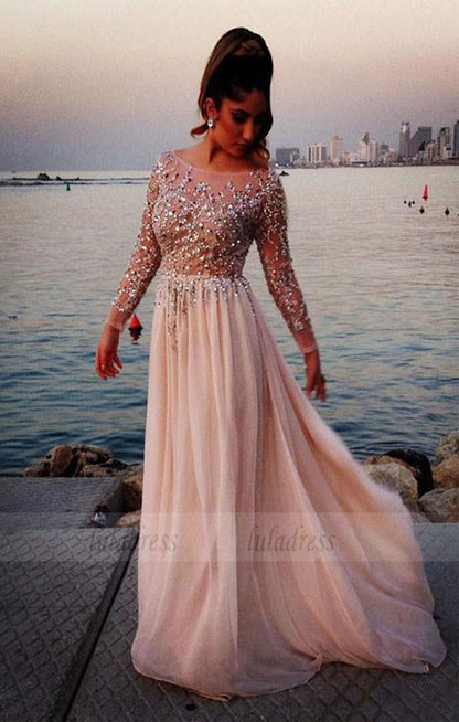 A-line Chiffon Bateau Long Sleeves Beading Floor-length Prom Dresses,BD99874