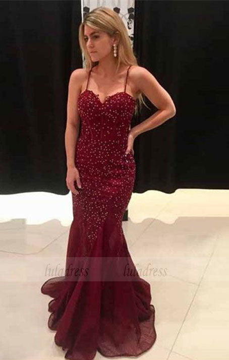 Mermaid Spaghetti Straps Sweep Train Burgundy Beaded Prom Dress