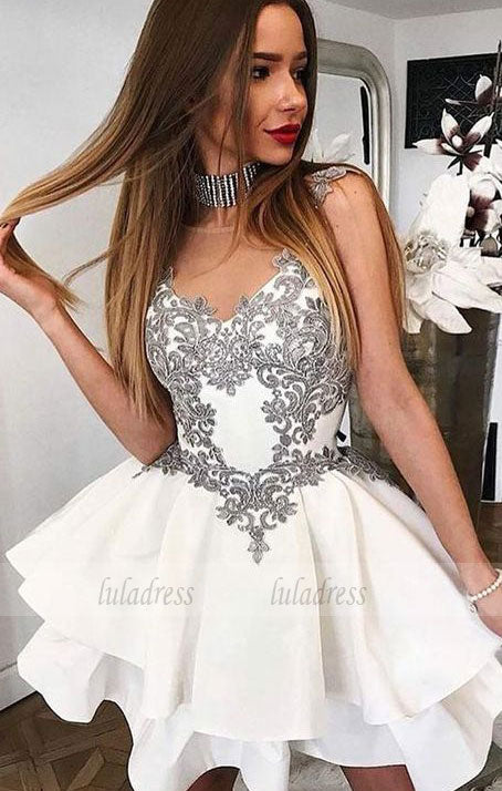 A-Line Round Neck Short White Tiered Homecoming Dress with Appliques