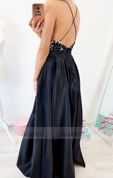 A-Line Spaghetti Straps Backless Floor-Length Black Prom Dress with Lace,BD99544