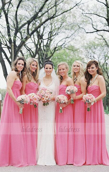 Custom Made Pink Ruched Sweetheart Neckline Floor Length Chiffon Bridesmaid Dress