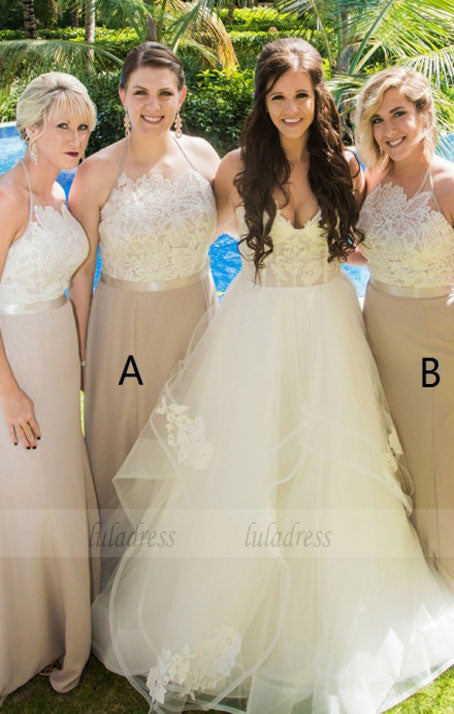 Sheath Halter Sweep Train  Bridesmaid Dress with Appliques