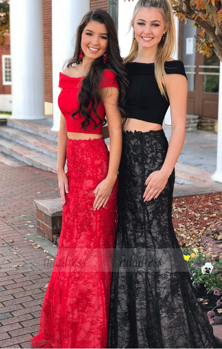 Off Shoulder Prom Dresses,Two Pieces Mermaid Style Lace Open Back Evening Dresses