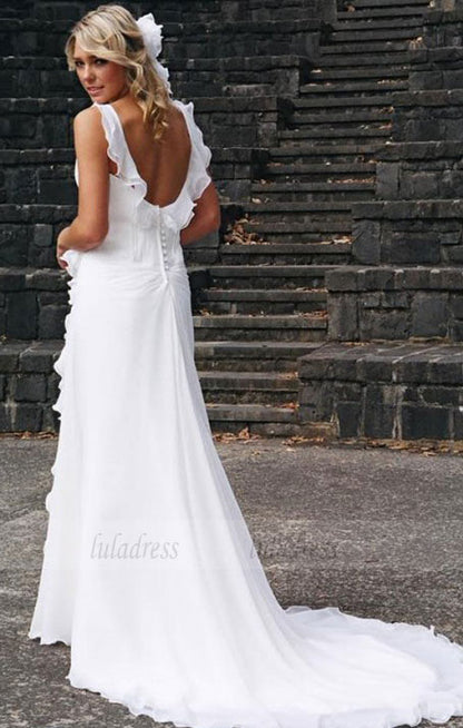 Beach Wedding Dresses,Bridal Dress with Train,Chiffon Wedding Dress,Ruffled Bridal Dress