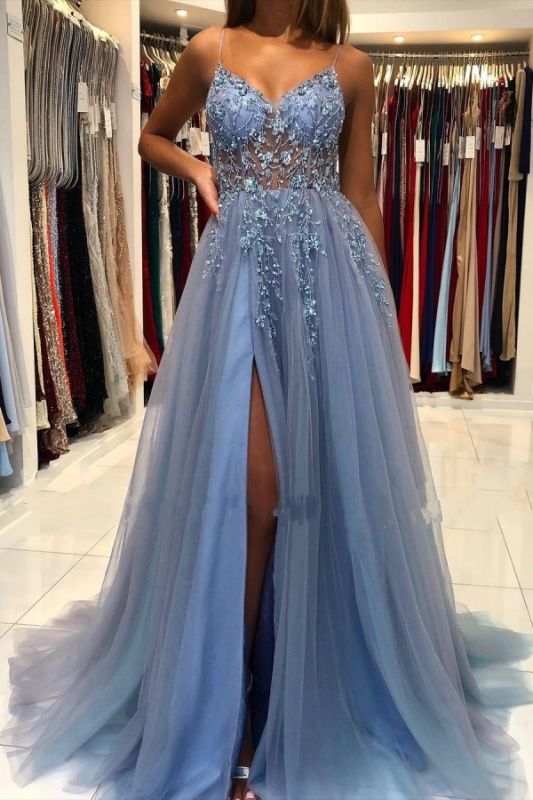 Appliques Breath-taking Sleeveless Tulle Ocean Blue Split Prom Dresses