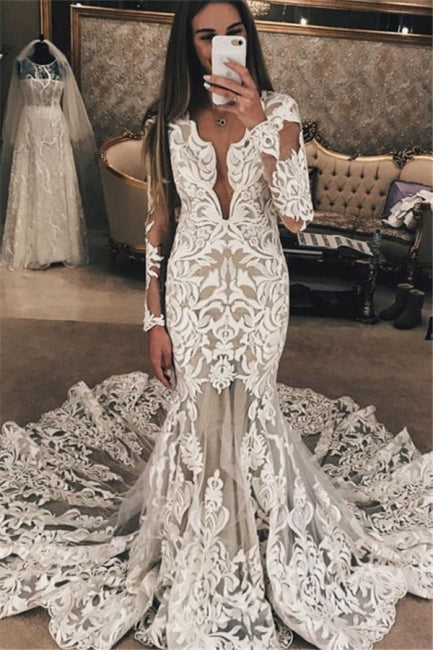 Long Sleeve Unique Lace Wedding Dresses | Mermaid Lace Long Train Bridal Gown