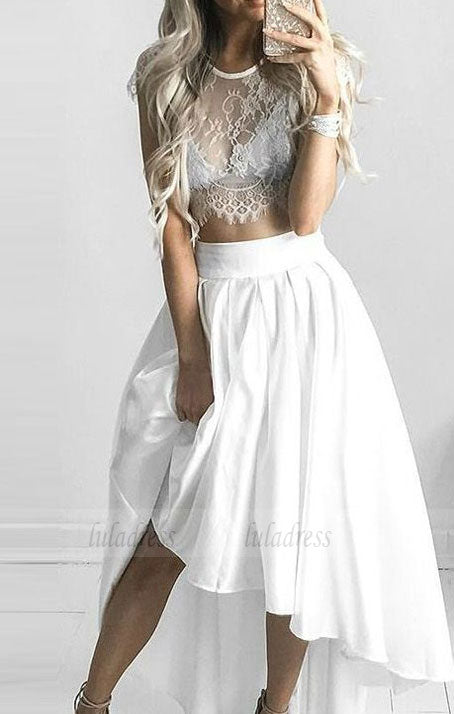 Short Princess Prom Dresses, White Sleeves With Lace High-Low Prom Dresses