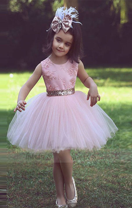 Tulle Lace-Applique Tutu Flower Scoop Pink Girls Dresses