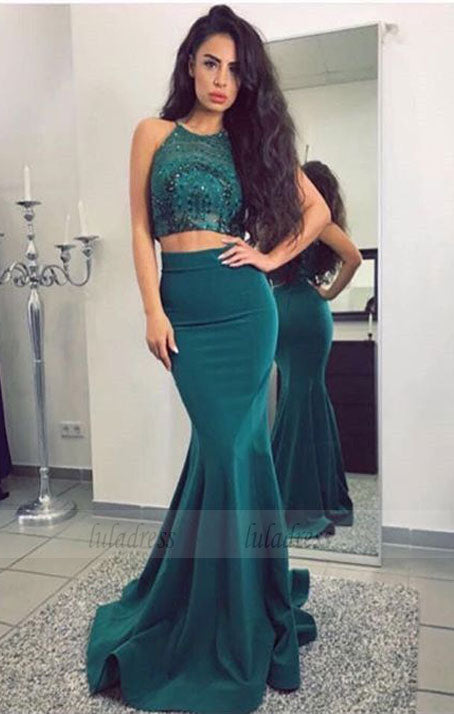 Two-Piece Satin Prom Dress with Beaded Top,Mermaid Long Evening Dress