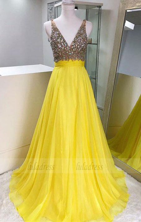 Yellow v neck chiffon beaded long prom dress, yellow evening dress