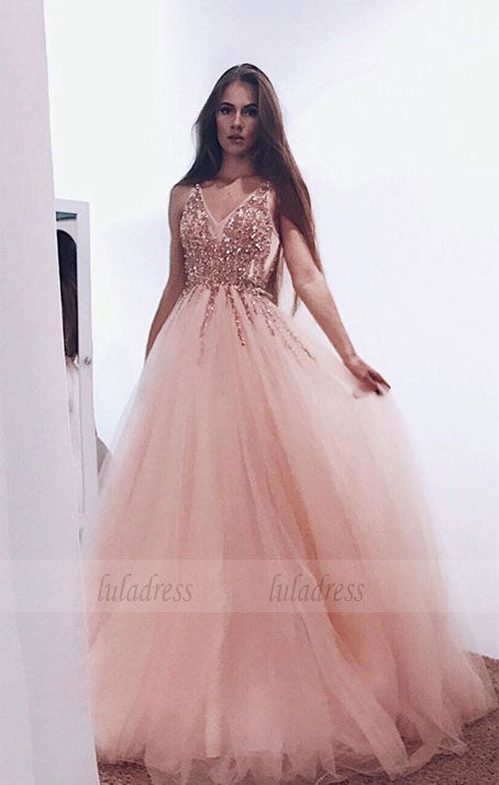 unique long prom dresses, v neck beading prom dresses, elegant tulle party dresses