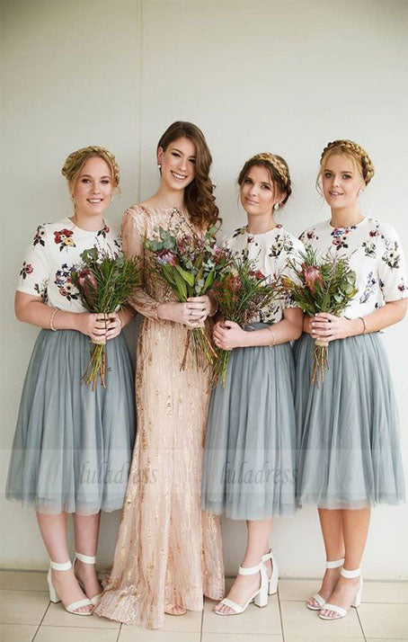 Tulle Bridesmaid Dresses With Floral, Bridesmaid Dresses with Short-Sleeves, Elegant Bridesmaid Dress