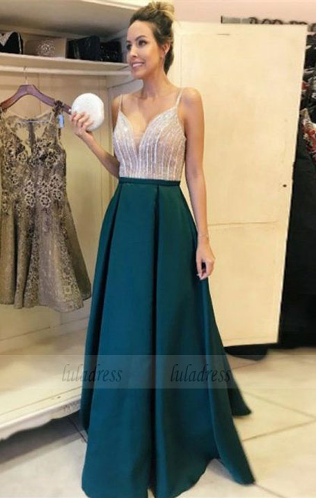 A-Line V-Neck Floor-Length Dark Green Satin Prom Dress with Beading