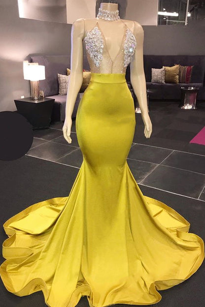 Sexy Yellow Halter Backless Prom Dresses Long Mermaid With Crystals