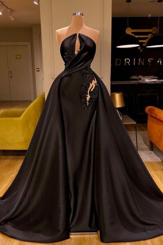 Sexy Strapless Black Appliques Prom Dress Long