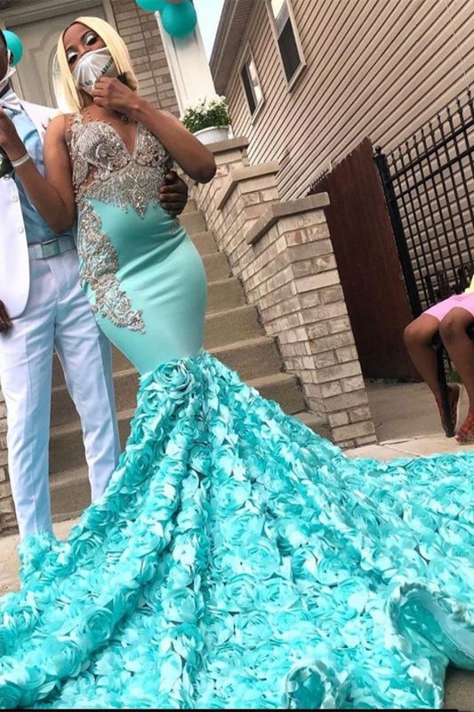 Affordable Sleeveless Ocean Blue Floral Mermaid Prom Dresses With Appliques