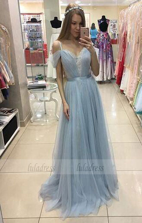 A-line Sweep Train Baby Blue Formal Dress Cap Sleeves Beautiful Straps Tulle Prom Dress