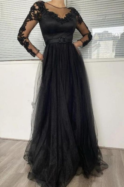 Sexy Black Lace  Sleeves Prom Dress Long Evening Gowns