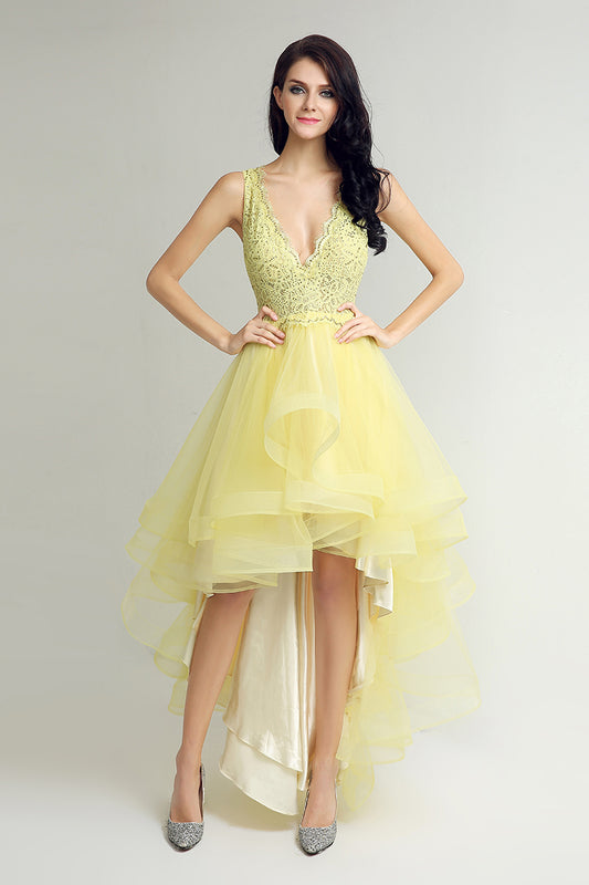 Bright Yellow High Low V-neck Chic Prom Dress