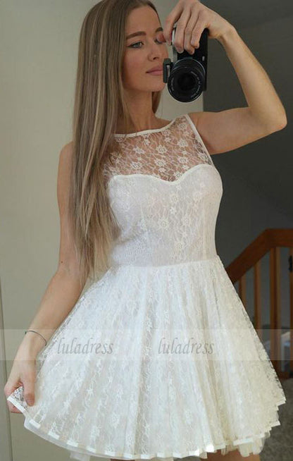 Backless Short White Lace Homecoming Dresses