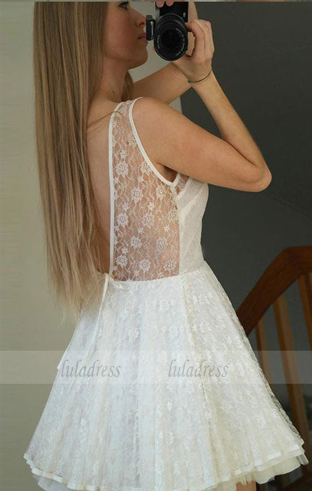 Backless Short White Lace Homecoming Dresses